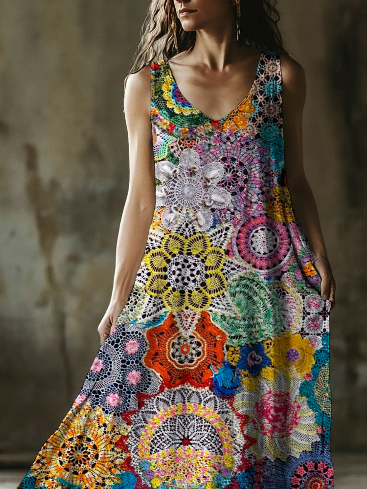 Colorful Lace Floral Art Women's Linen Vest Dress artswardrobe