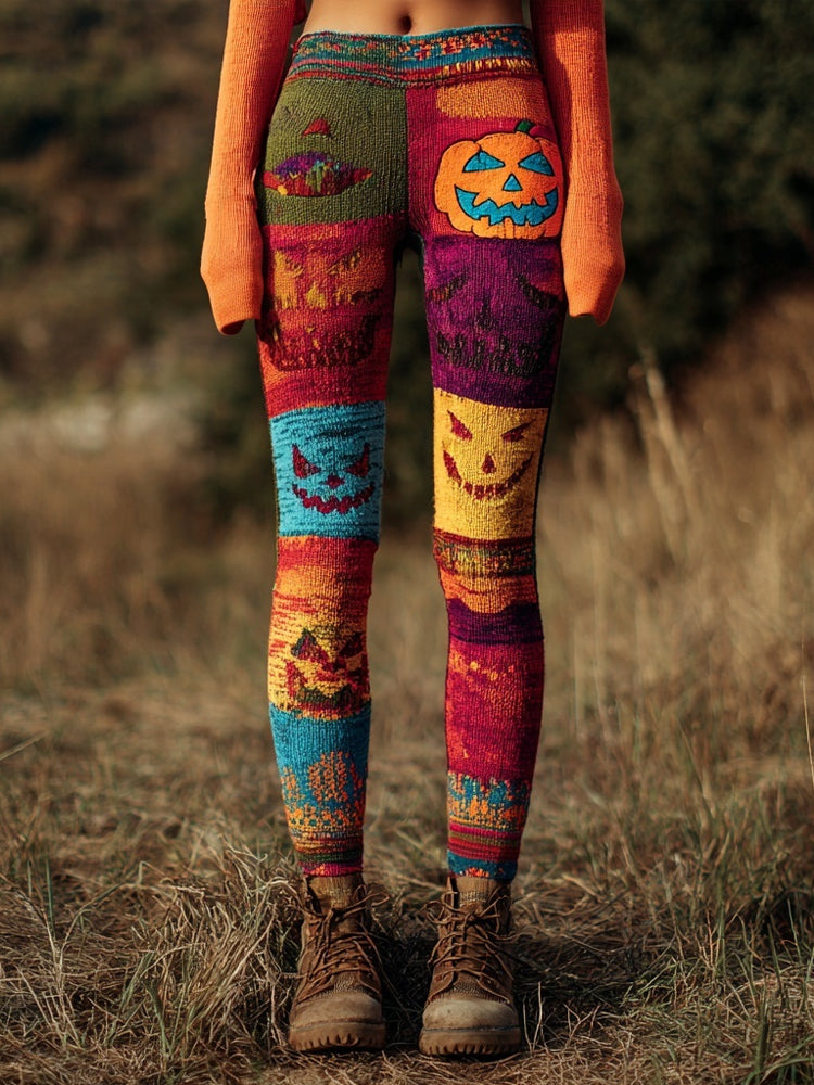 Halloween Spooky Pumpkin Face Colorblock Patchwork Knitted Leggings artswardrobe