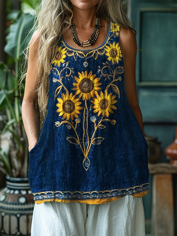 Boho Sunflowers Beaded Embroidered Linen Tank Top artswardrobe