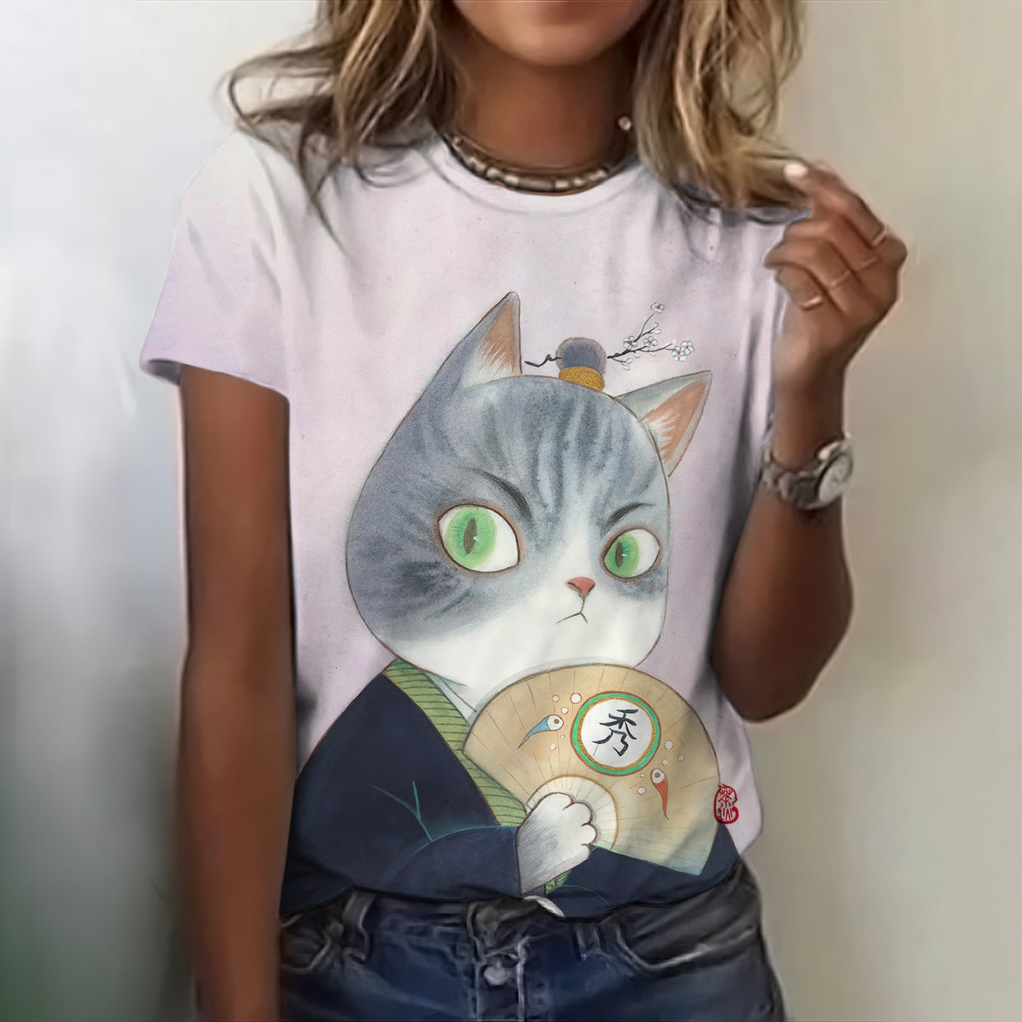 Funny Cat Wearing Kimono And Holding A Folding Fan Printed T-shirt elevenforest