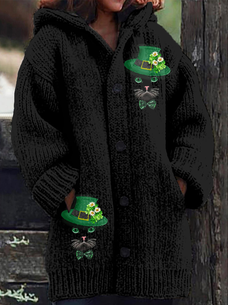 St. Patrick's Day Shamrock And Cat Cozy Hooded Cardigan elevenforest
