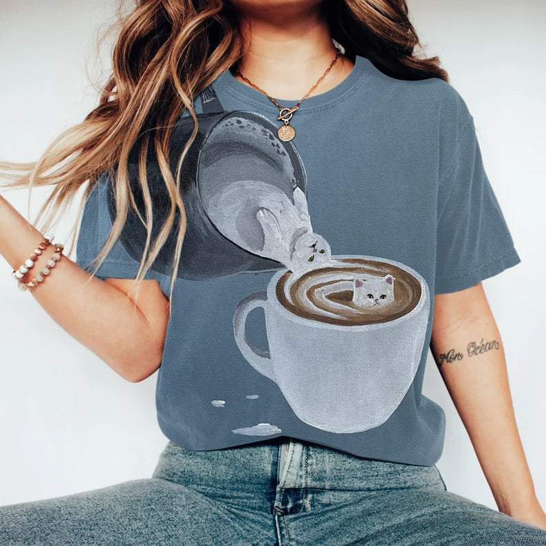 Abstract Creative Latté Cute Cat Painting Art T-Shirt elevenforest