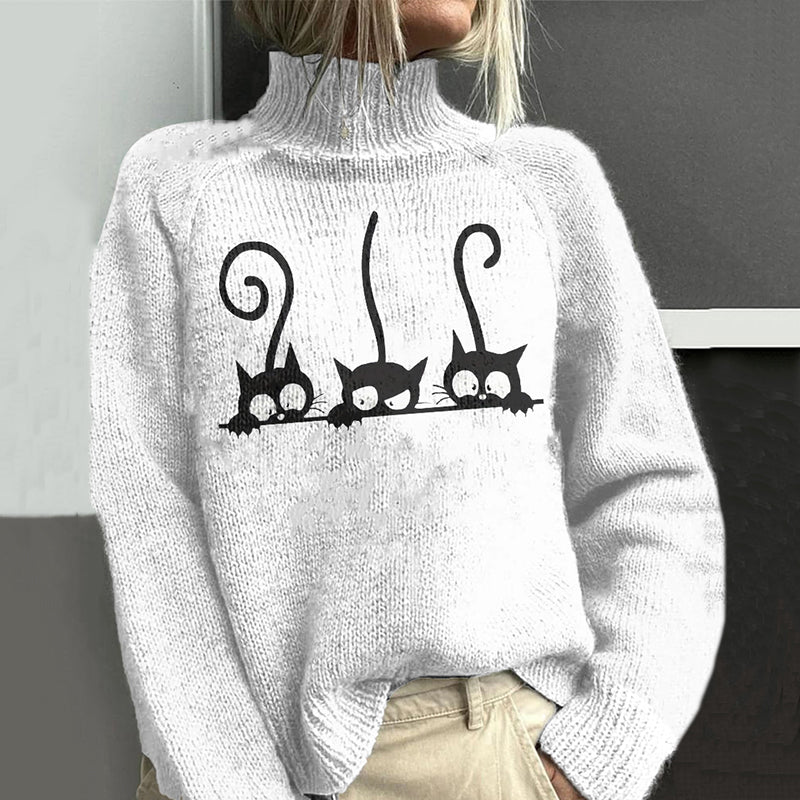 Cute Cat Art Print Knitted Sweater elevenforest