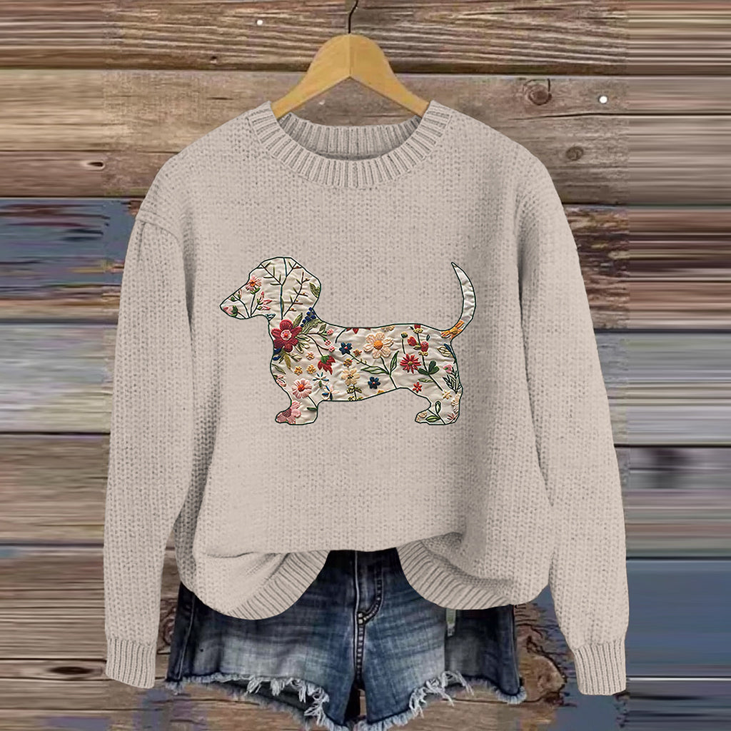 Comstylish Vintage Classic Dachshund In Floral Art Inspired Embroidered Cozy Knit Sweater