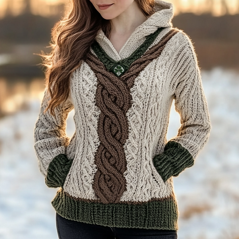 Women's Irish Celtic Knotted Jacquard Pocket Ireland's Hooded Sweater elevenforest