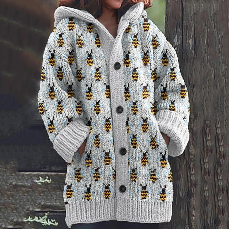 Bee Print Cozy Knitted Hooded Cardigan elevenforest