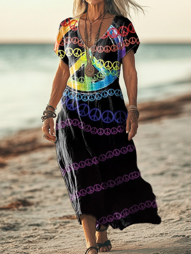 Women's Hippie Pattern Art Print Pocket Cotton Dress