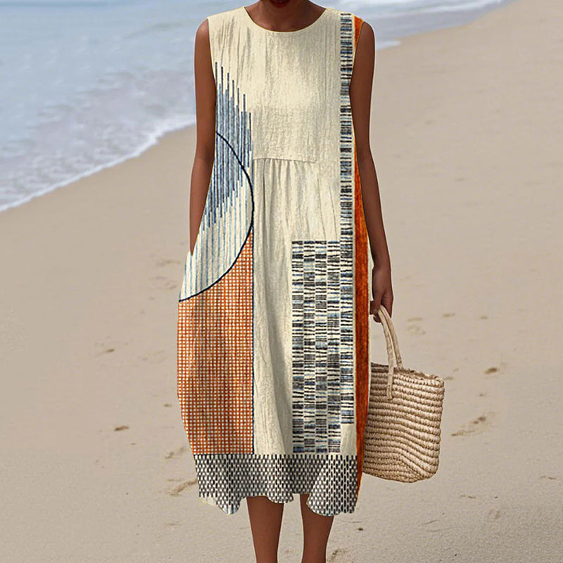 Women's Retro Abstract Geometric Print Cotton Linen Sleeveless Dress artswardrobe