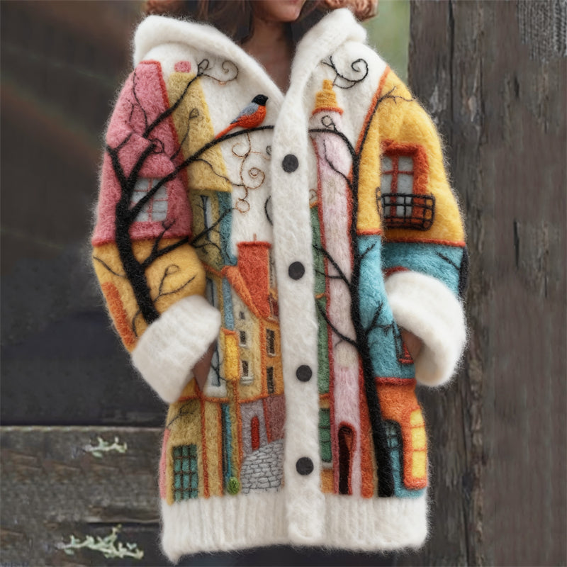 Comstylish Colorful Street Scenery Felt Art Cozy Hooded Cardigan