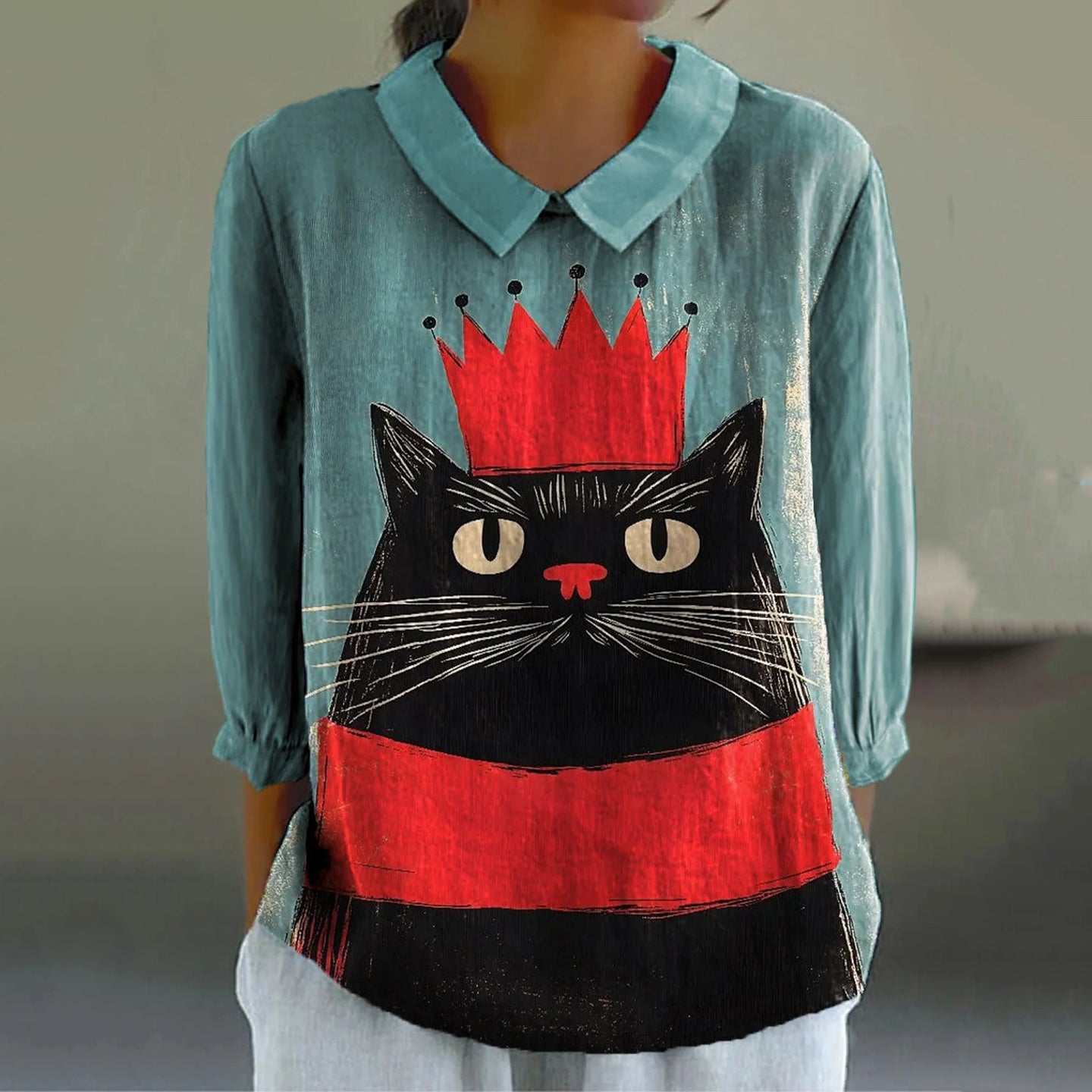 Women's Black Cat Art Casual Linen Shirt artswardrobe