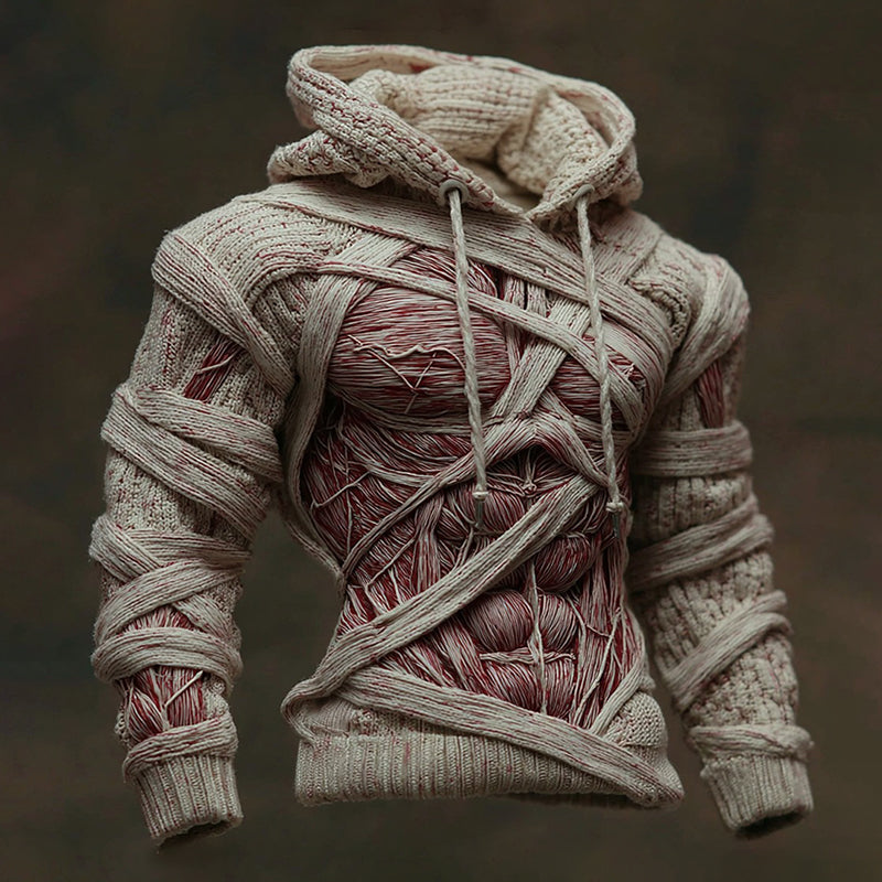 Halloween Bandage Muscle Art Slim-fit Knit Hooded Sweater artswardrobe