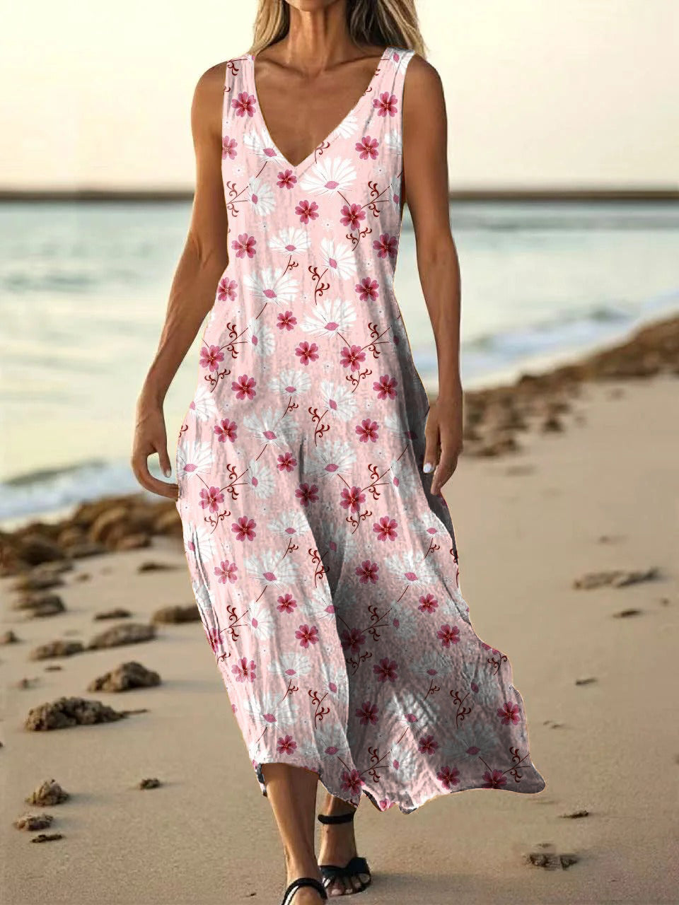 Women's Vintage Floral Art Print Pocket Cotton Dress