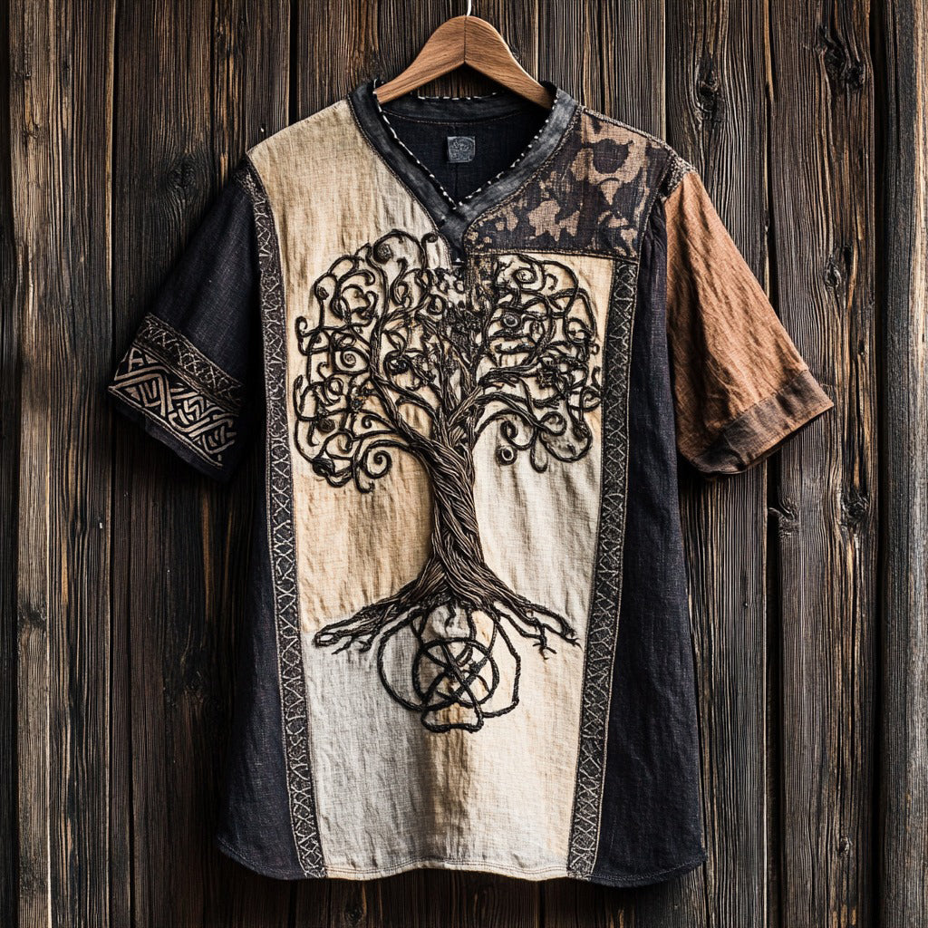 Men's Viking Tribal Tree Of Life Patchwork Design Linen T-shirt artswardrobe