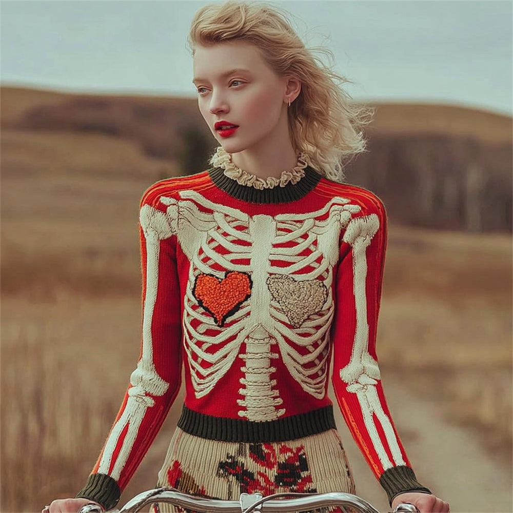 Retro Human Skeleton & Heart Art Women's Knit Sweater artswardrobe