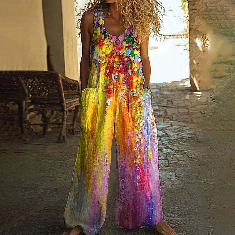Women's Oil Painting Floral Print Wide Leg Jumpsuit artswardrobe