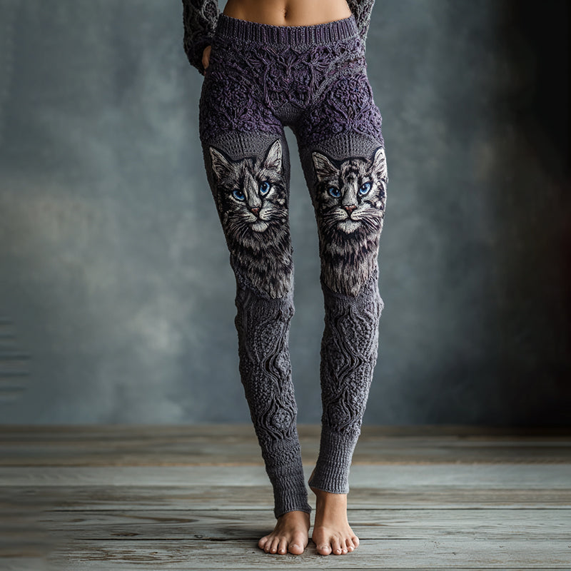 Women's Cute Cat Face Embroidered Art Cozy Knit Leggings elevenforest
