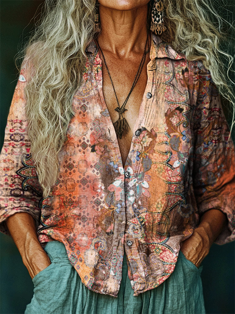 Women's Hippie Art Painting Print V-Neck Shirt