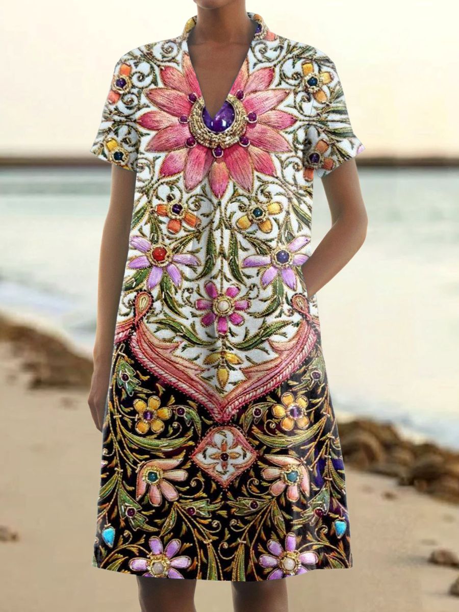 Women's Vintage Folk Art Floral Pattern Print V-Neck Linen Pocket Dres