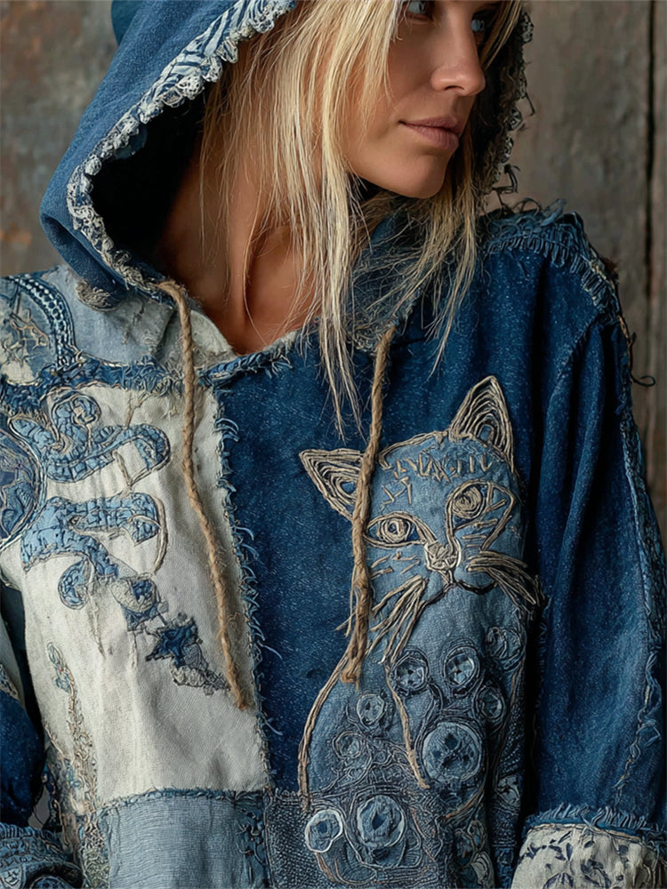 Comstylish Vintage Cat Floral Denim Fiber Art Patchwork Hoodie