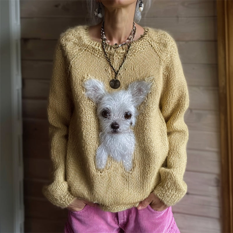 Vintage Fuzzy White Chihuahua Dog Cozy Knit Sweater artswardrobe