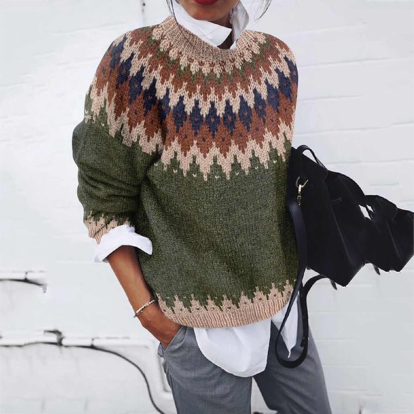 Vintage Wave Pattern Contrast Print Sweater elevenforest