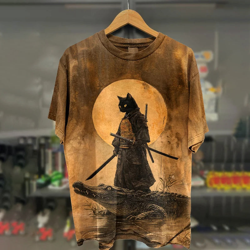 Men's Samurai Cat And Crocodile Surreal Art Print Casual T-shirt elevenforest