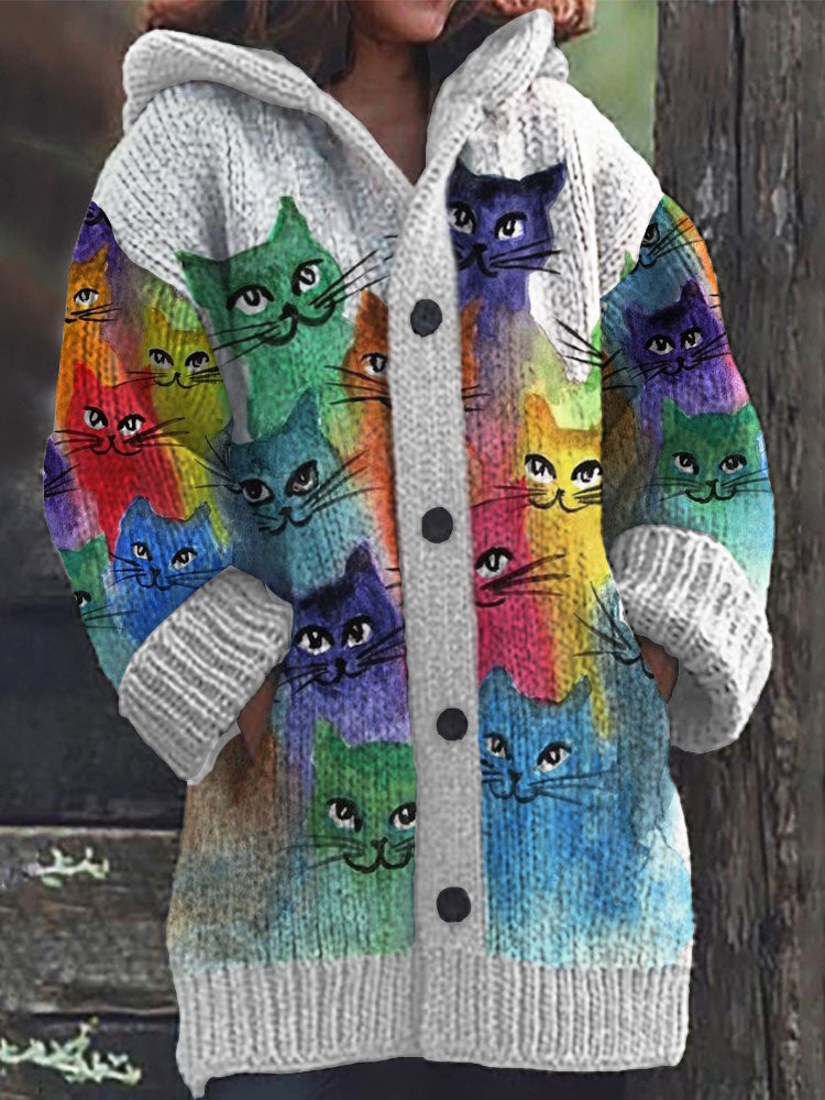 Colorful Cats Pattern Cozy Hooded Cardigan artswardrobe