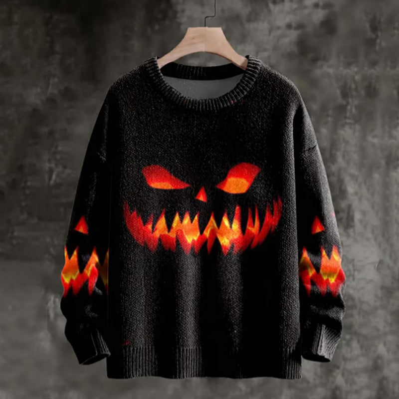 Men's Halloween Pumpkin Hell Evil Green Flame Print Knit artswardrobe