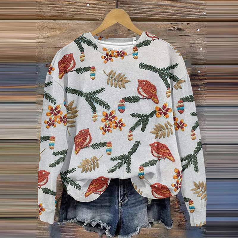 Embroidered Flower And Bird Art Print Crew Neck Sweatshirt artswardrobe