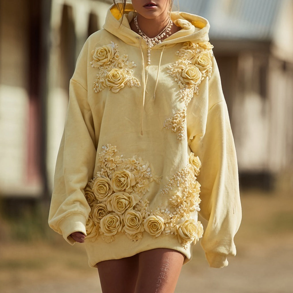 Comstylish Vintage Yellow Roses Embroidered Comfy Hoodie