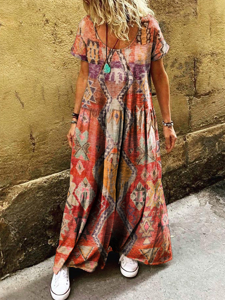 Women's Retro Ethnic Totem Art Print Pocket Short Sleeve Cotton Dress