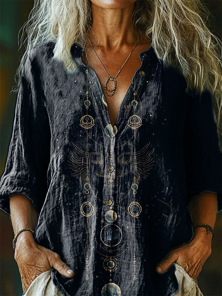 Women's Star and Moon Pattern Art Print Casual Cotton and Linen Shirt