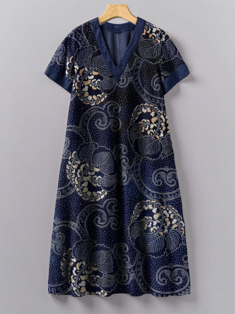 Japanese Traditional Sashiko Art Pattern Painting V-Neck Dress