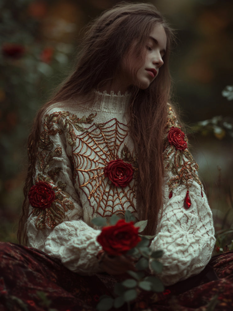 Women Halloween Spider Silk Roses Make Old Round Neck Sweaters artswardrobe
