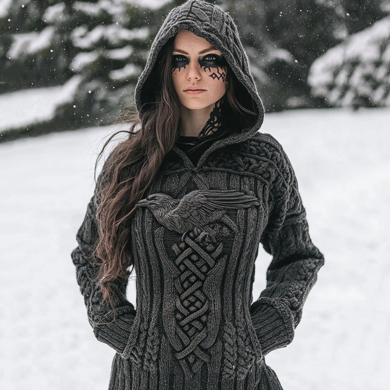 Women's Vintage Viking Raven Dark Celtic Mythology Hooded Sweater artswardrobe