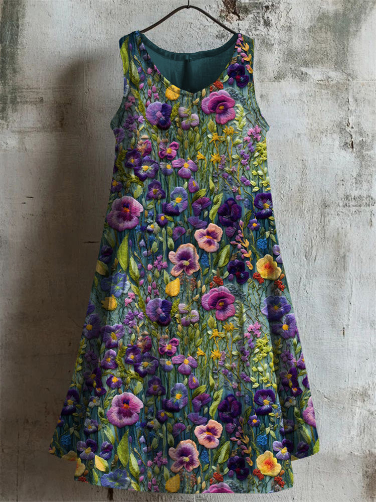 Elegant Violet Wildflower Embroidered Linen Midi Dress artswardrobe