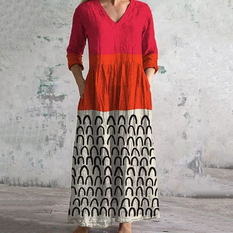 Vintage Rainbow Line Contrast Colors Art Pattern Women's Linen Dress artswardrobe