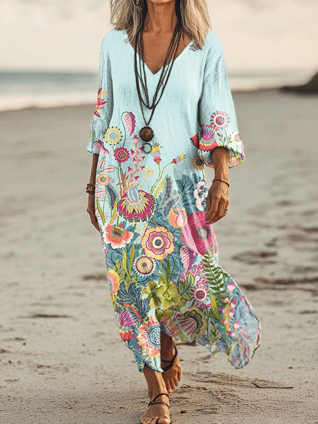 Women's Floral Art Print Pocket Cotton Dresses