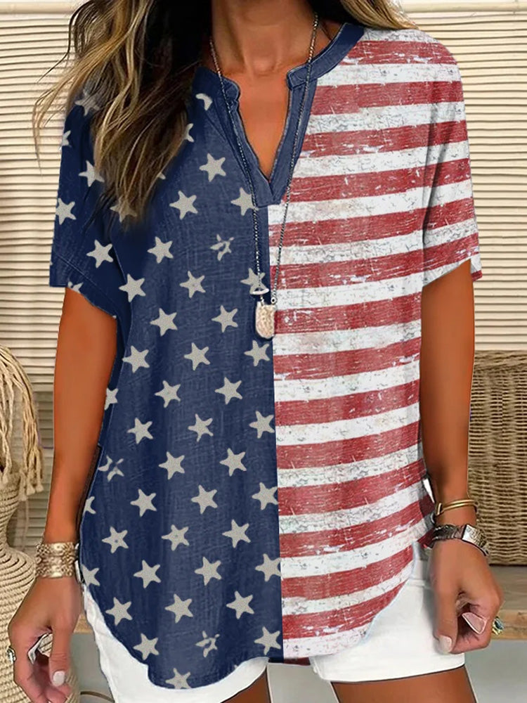 Comstylish Women's Independence Day Vintage America Flag Print Casual Short Sleeve Shirt