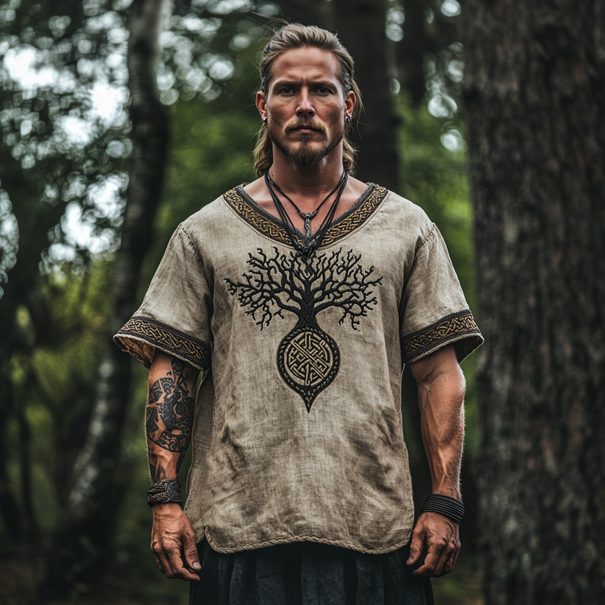 Mens Viking Celtic Knot Tree Of Life Compass Linen T-shirt artswardrobe