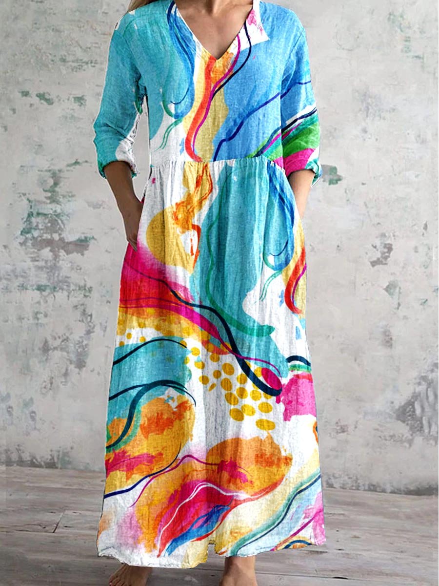 Women's Art Splash Art Print V-neck Cotton And Linen Dress