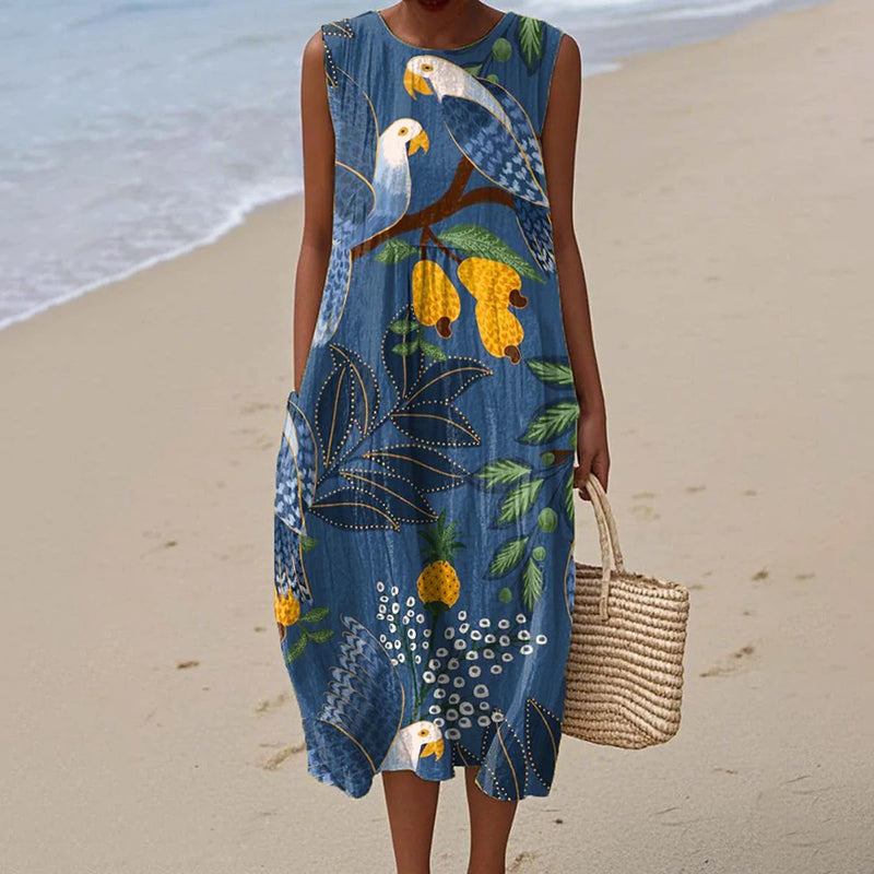 Women's Cute Parrot Floral Print Linen Tank Midi Dress artswardrobe