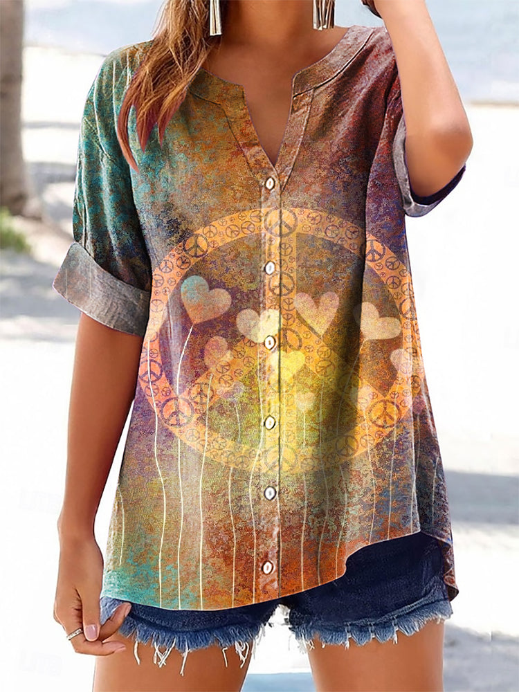 Women's Hippie and Peace Heart Art Print Casual Cotton And Linen Shirt