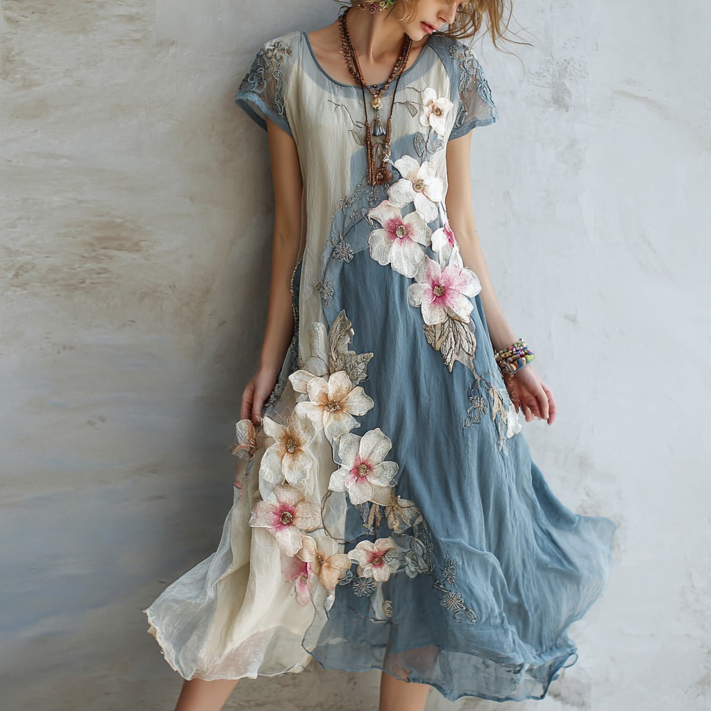 Women's Vintage Cherry Blossom Pattern Round Neck Dress artswardrobe