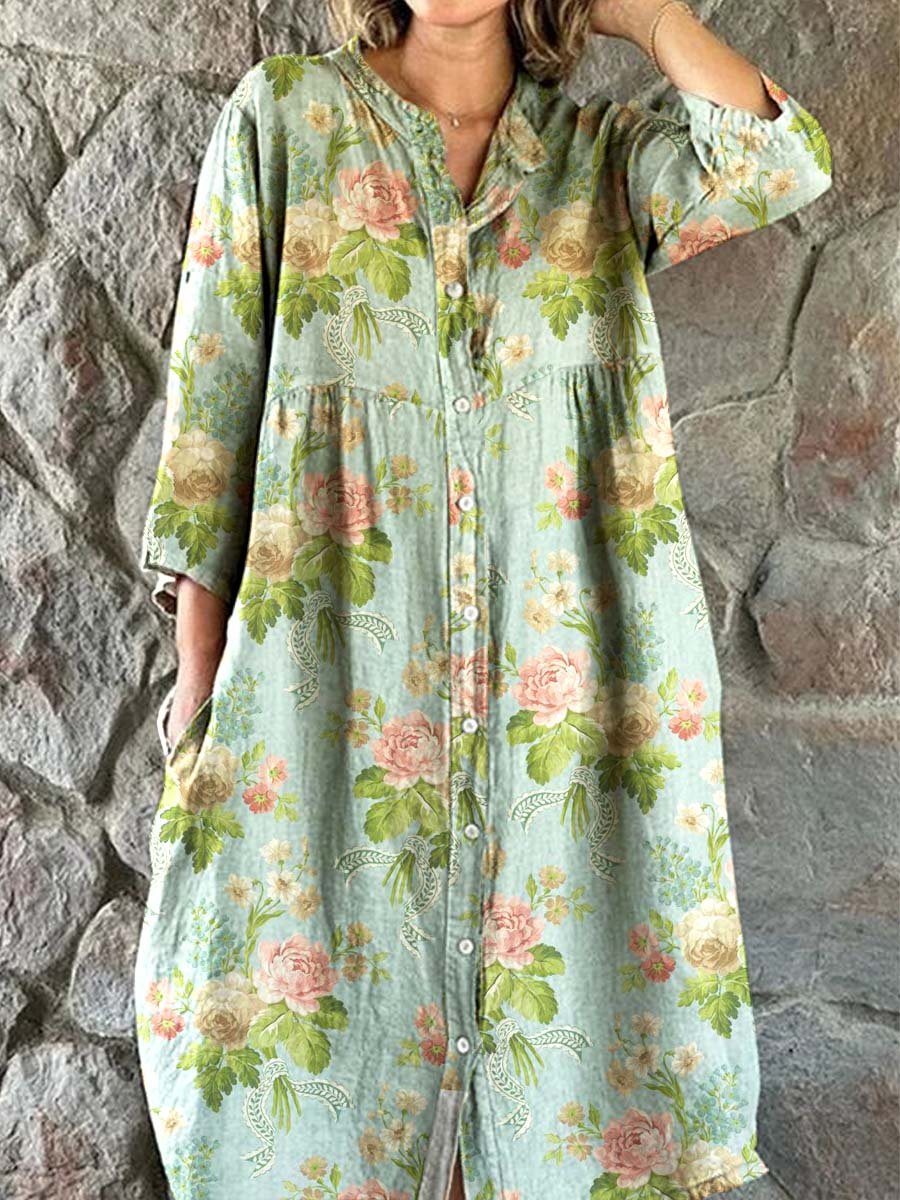 Women's Elegant Floral Pattern Cotton and Linen Dress with Pockets