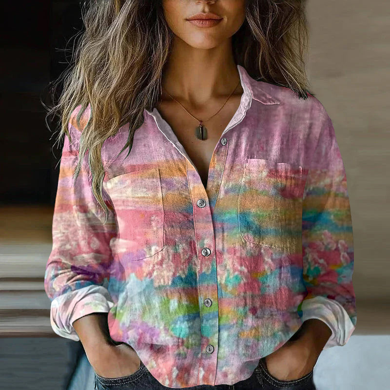 Comstylish Women's Retro Gradient Ribbon Gradient Art Casual Linen Shirt