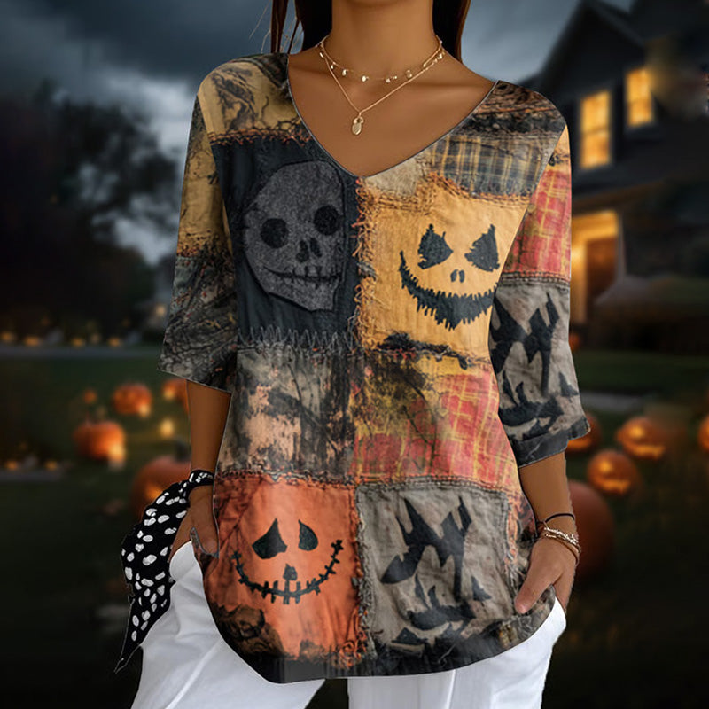 Women's Halloween Retro Pumpkin Emoticon Print Top artswardrobe