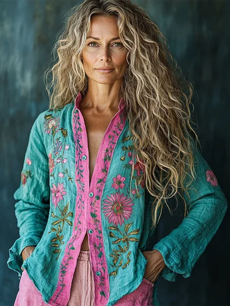 Bohemian Holiday Style Linen Floral Print Long Sleeve Shirt artswardrobe