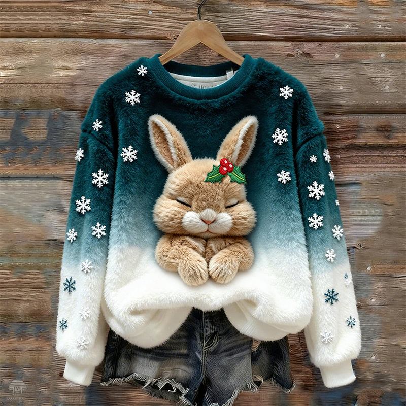 Women's Christmas Bunny Embroidery Round Neck Cozy Plush Sweatshirt artswardrobe