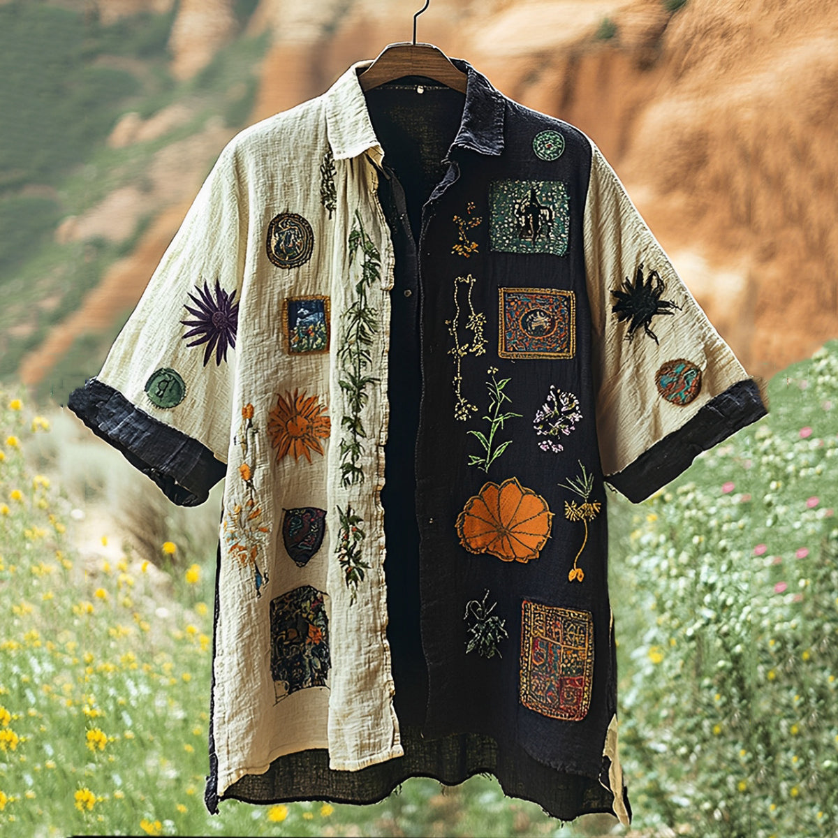 Men's Vintage Spliced contrasting Linen Shirt artswardrobe